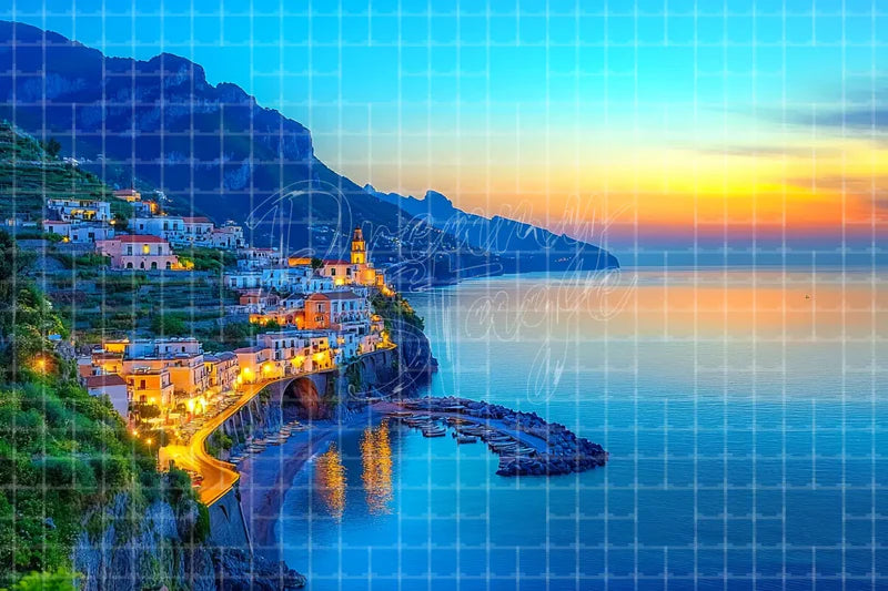 Amalfi Coast Sunset digital decor backdrop and high-resolution italian coast background for summer events, beach parties, hotel decor, resort displays, restaurant and bar decor, photo booths, projection, LED screens, and local printing.