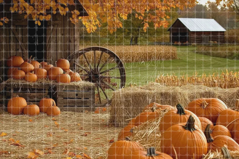 Autumn Pumpkin Farm Wagon digital decor backdrop, high-resolution fall harvest background for fall events, autumn photo booths, pumpkin patch displays, Thanksgiving decor, shop windows, projection, LED screens, digital screens, local printing, and seasonal decor, including instant download artwork for backdrop, background, photo booth, shop window, projection, LED screen, and local printing use.