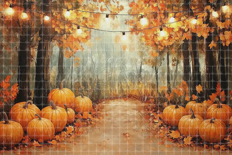 Autumn Pumpkin Forest Path digital decor backdrop, high-resolution pumpkin patch background for fall events, autumn photo booths, pumpkin patch displays, Thanksgiving decor, shop windows, projection, LED screens, digital screens, local printing, and seasonal decor, including instant download artwork for backdrop, background, photo booth, shop window, projection, LED screen, and local printing use.