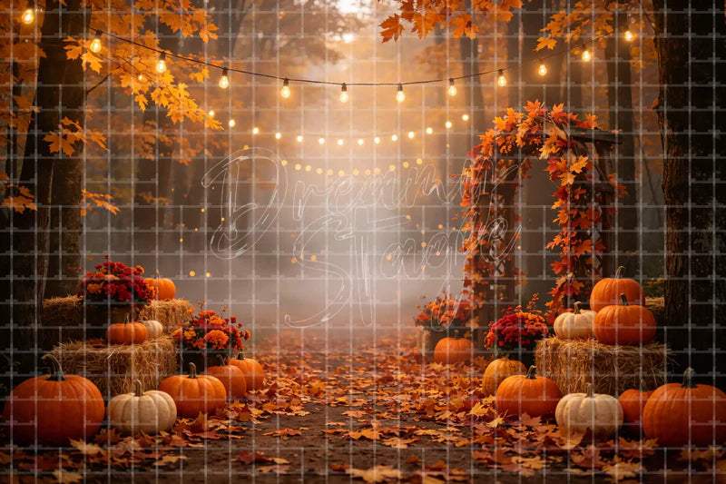 Foggy Autumn Pumpkin Arch digital decor backdrop, high-resolution fall event background for fall events, autumn photo booths, pumpkin patch displays, Thanksgiving decor, shop windows, projection, LED screens, digital screens, local printing, and seasonal decor, including instant download artwork for backdrop, background, photo booth, shop window, projection, LED screen, and local printing use.