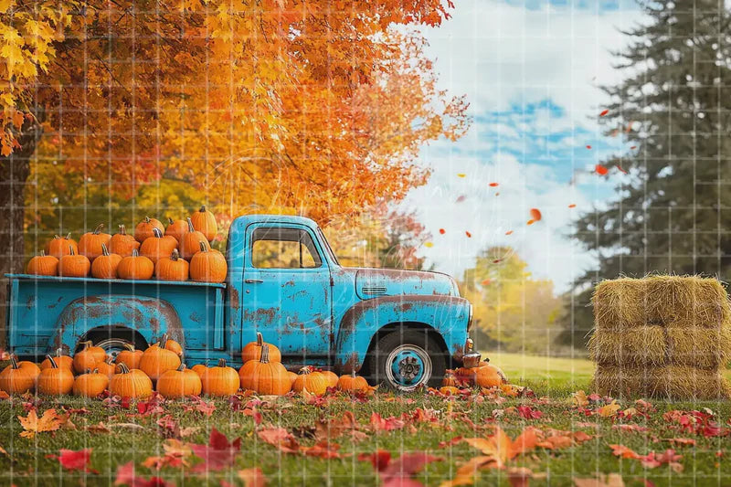 Blue Truck Pumpkin Harvest digital decor backdrop, high-resolution autumn farm background for fall events, autumn photo booths, pumpkin patch displays, Thanksgiving decor, shop windows, projection, LED screens, digital screens, local printing, and seasonal decor, including instant download artwork for backdrop, background, photo booth, shop window, projection, LED screen, and local printing use.