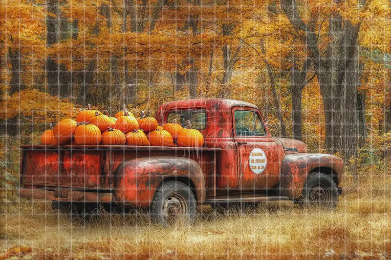 Red Truck Pumpkin Field digital decor backdrop, high-resolution fall harvest background for fall events, autumn photo booths, pumpkin patch displays, Thanksgiving decor, shop windows, projection, LED screens, digital screens, local printing, and seasonal decor, including instant download artwork for backdrop, background, photo booth, shop window, projection, LED screen, and local printing use.