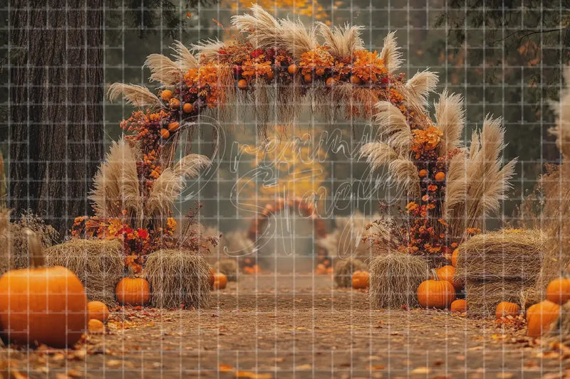Autumn Pumpkin Forest Arch digital decor backdrop, high-resolution fall photo booth background for fall events, autumn photo booths, pumpkin patch displays, Thanksgiving decor, shop windows, projection, LED screens, digital screens, local printing, and seasonal decor, including instant download artwork for backdrop, background, photo booth, shop window, projection, LED screen, and local printing use.