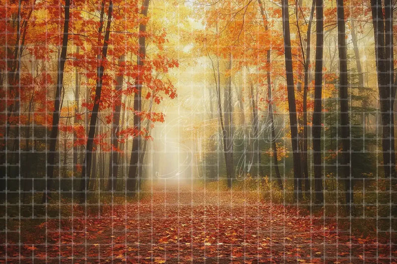 Sunlit Autumn Woodland Path digital decor backdrop, high-resolution fall forest background for fall events, autumn photo booths, pumpkin patch displays, Thanksgiving decor, shop windows, projection, LED screens, digital screens, local printing, and seasonal decor, including instant download artwork for backdrop, background, photo booth, shop window, projection, LED screen, and local printing use.