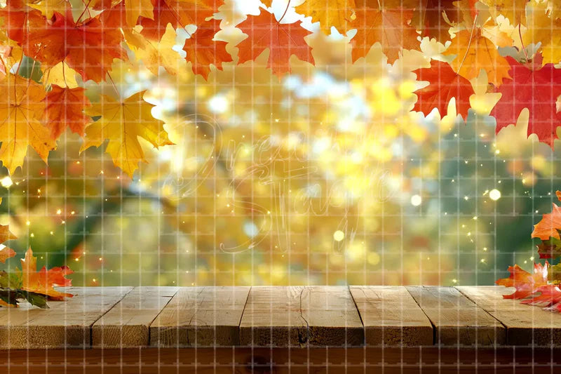 Fall Leaves Wooden Table digital decor backdrop, high-resolution autumn product background for fall events, autumn photo booths, pumpkin patch displays, Thanksgiving decor, shop windows, projection, LED screens, digital screens, local printing, and seasonal decor, including instant download artwork for backdrop, background, photo booth, shop window, projection, LED screen, and local printing use.