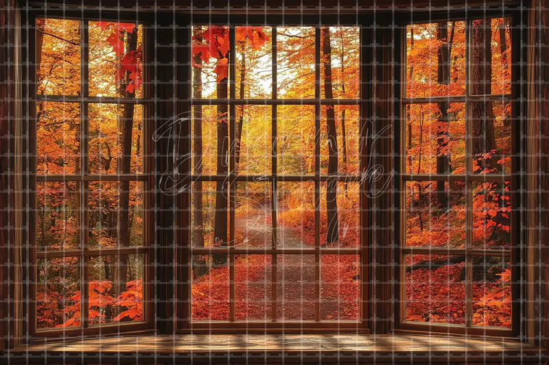 Autumn Cabin Window digital decor backdrop, high-resolution cozy fall background for fall events, autumn photo booths, pumpkin patch displays, Thanksgiving decor, shop windows, projection, LED screens, digital screens, local printing, and seasonal decor, including instant download artwork for backdrop, background, photo booth, shop window, projection, LED screen, and local printing use.