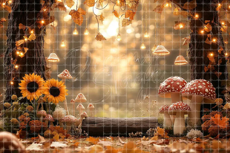 Autumn Fairy Light Mushroom digital decor backdrop, high-resolution woodland fall background for fall events, autumn photo booths, pumpkin patch displays, Thanksgiving decor, shop windows, projection, LED screens, digital screens, local printing, and seasonal decor, including instant download artwork for backdrop, background, photo booth, shop window, projection, LED screen, and local printing use.