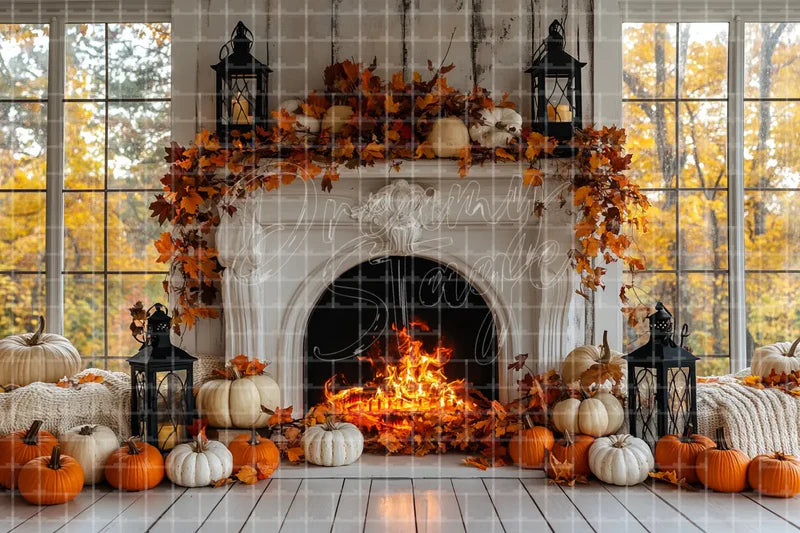 Autumn Fireplace Pumpkin Mantel digital decor backdrop, high-resolution thanksgiving background for fall events, autumn photo booths, pumpkin patch displays, Thanksgiving decor, shop windows, projection, LED screens, digital screens, local printing, and seasonal decor, including instant download artwork for backdrop, background, photo booth, shop window, projection, LED screen, and local printing use.