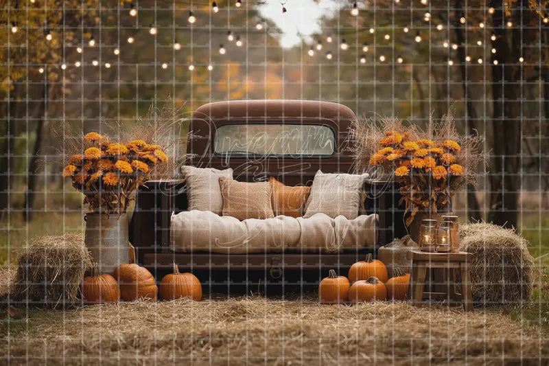 Vintage Truck Fall Photo Booth digital decor backdrop, high-resolution autumn farm background for fall events, autumn photo booths, pumpkin patch displays, Thanksgiving decor, shop windows, projection, LED screens, digital screens, local printing, and seasonal decor, including instant download artwork for backdrop, background, photo booth, shop window, projection, LED screen, and local printing use.