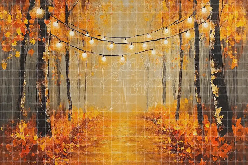 Autumn String Light Forest Path digital decor backdrop, high-resolution fall event background for fall events, autumn photo booths, pumpkin patch displays, Thanksgiving decor, shop windows, projection, LED screens, digital screens, local printing, and seasonal decor, including instant download artwork for backdrop, background, photo booth, shop window, projection, LED screen, and local printing use.