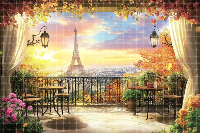 Paris Balcony Autumn Sunset digital decor backdrop, high-resolution elegant fall background for fall events, autumn photo booths, pumpkin patch displays, Thanksgiving decor, shop windows, projection, LED screens, digital screens, local printing, and seasonal decor, including instant download artwork for backdrop, background, photo booth, shop window, projection, LED screen, and local printing use.