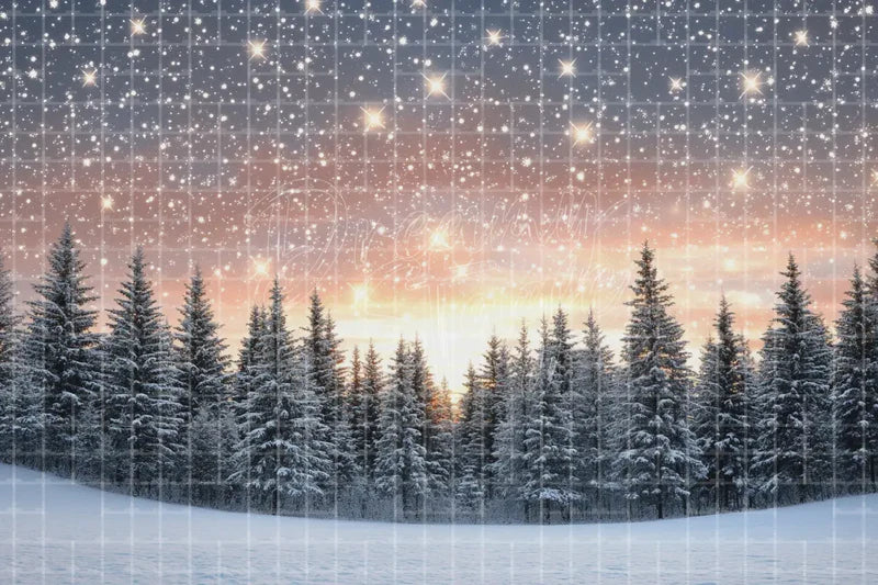Snowy Winter Twilight Forest digital decor backdrop, high-resolution winter background for winter events, Christmas photo booths, snowy shop windows, holiday displays, projection, LED screens, digital screens, local printing, and seasonal decor, including instant download artwork for backdrop, background, photo booth, shop window, projection, LED screen, and local printing use.