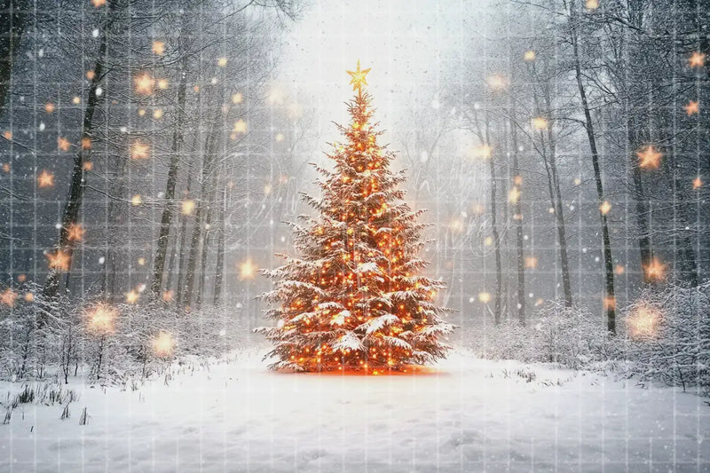 Christmas Tree Snowy Birch Forest digital decor backdrop, high-resolution holiday background for winter events, Christmas photo booths, snowy shop windows, holiday displays, projection, LED screens, digital screens, local printing, and seasonal decor, including instant download artwork for backdrop, background, photo booth, shop window, projection, LED screen, and local printing use.