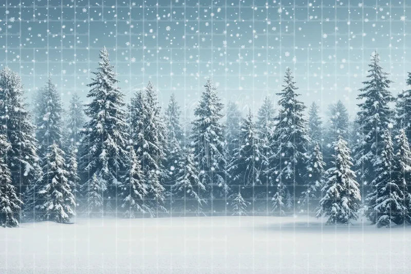 Blue Snowy Pine Forest digital decor backdrop, high-resolution winter snow background for winter events, Christmas photo booths, snowy shop windows, holiday displays, projection, LED screens, digital screens, local printing, and seasonal decor, including instant download artwork for backdrop, background, photo booth, shop window, projection, LED screen, and local printing use.