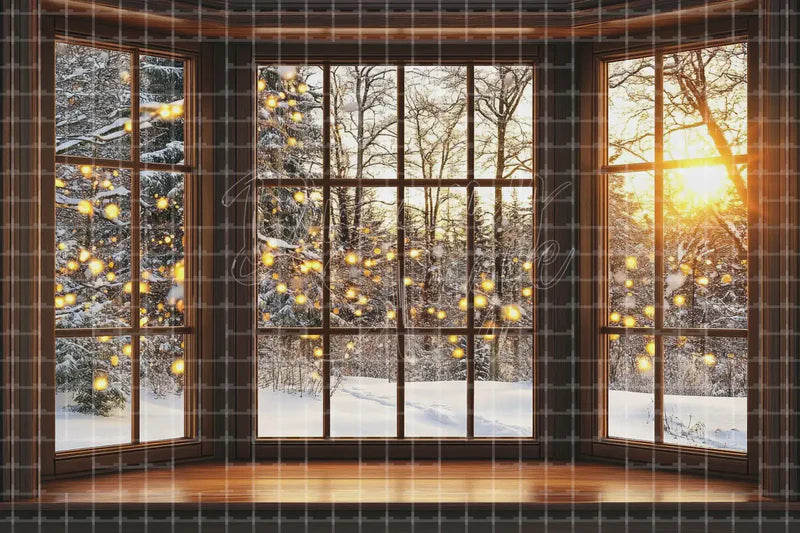 Cozy Winter Window Lights digital decor backdrop, high-resolution holiday window background for winter events, Christmas photo booths, snowy shop windows, holiday displays, projection, LED screens, digital screens, local printing, and seasonal decor, including instant download artwork for backdrop, background, photo booth, shop window, projection, LED screen, and local printing use.