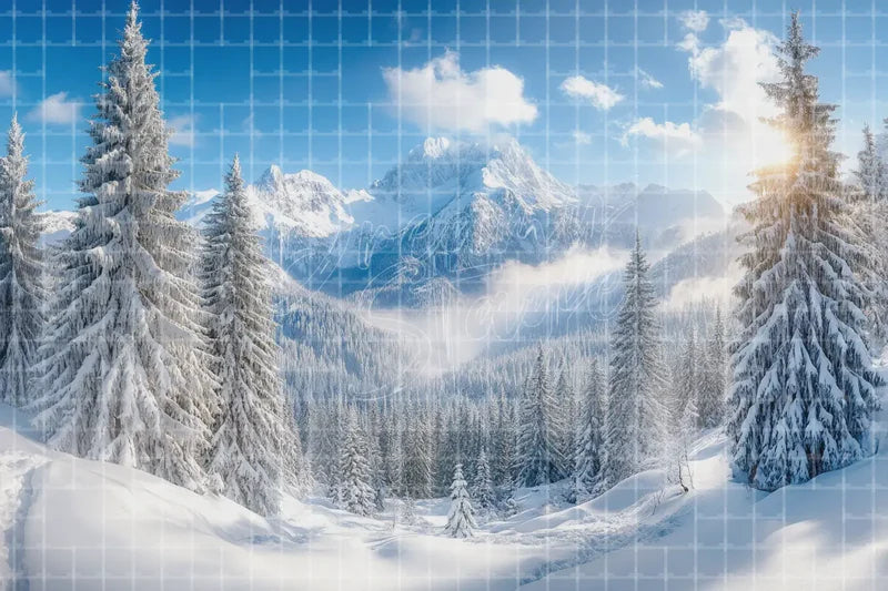 Snowy Alpine Valley digital decor backdrop, high-resolution winter mountain background for winter events, Christmas photo booths, snowy shop windows, holiday displays, projection, LED screens, digital screens, local printing, and seasonal decor, including instant download artwork for backdrop, background, photo booth, shop window, projection, LED screen, and local printing use.