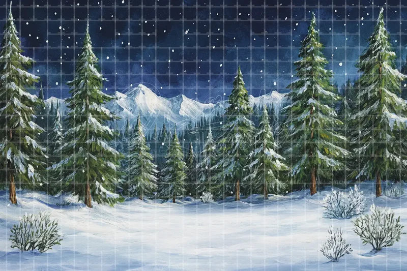 Moonlit Winter Pine Forest digital decor backdrop, high-resolution snowy night background for winter events, Christmas photo booths, snowy shop windows, holiday displays, projection, LED screens, digital screens, local printing, and seasonal decor, including instant download artwork for backdrop, background, photo booth, shop window, projection, LED screen, and local printing use.