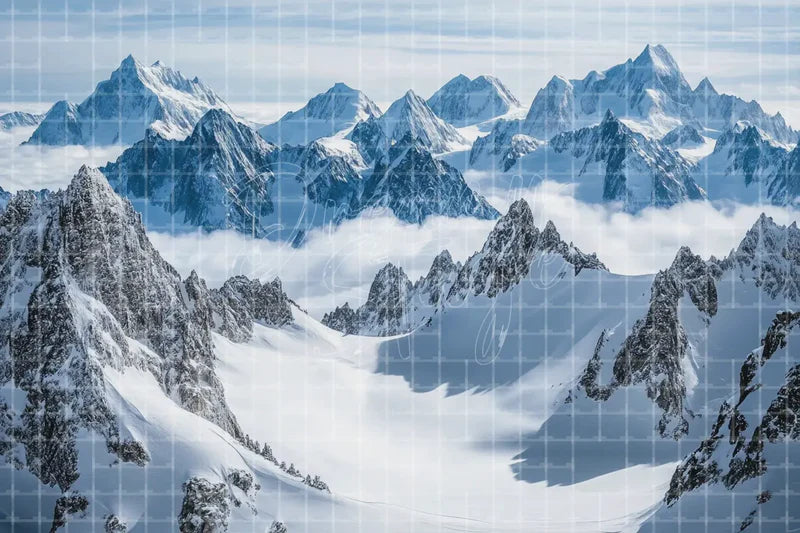 Snowy Mountain Peaks digital decor backdrop, high-resolution alpine winter background for winter events, Christmas photo booths, snowy shop windows, holiday displays, projection, LED screens, digital screens, local printing, and seasonal decor, including instant download artwork for backdrop, background, photo booth, shop window, projection, LED screen, and local printing use.