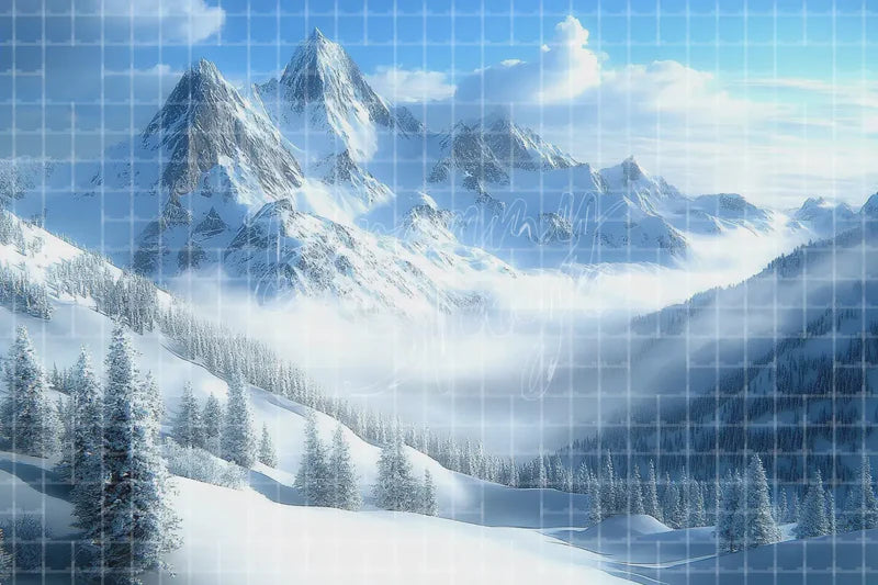 Misty Snow Mountain Valley digital decor backdrop, high-resolution winter landscape background for winter events, Christmas photo booths, snowy shop windows, holiday displays, projection, LED screens, digital screens, local printing, and seasonal decor, including instant download artwork for backdrop, background, photo booth, shop window, projection, LED screen, and local printing use.