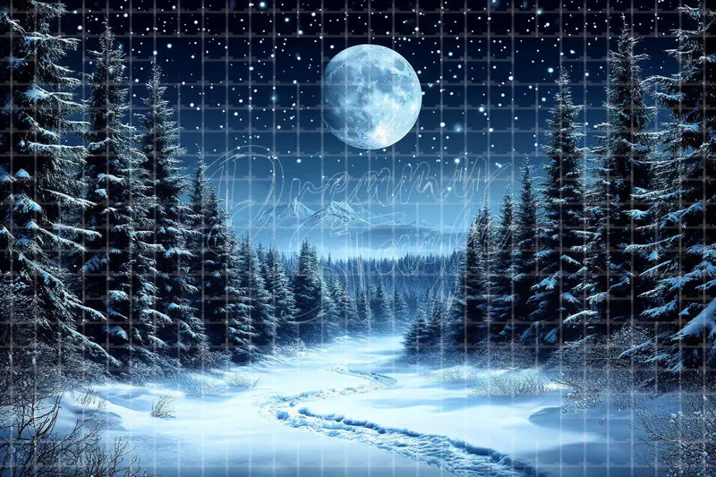 Moonlit Snowy Forest Trail digital decor backdrop, high-resolution winter night background for winter events, Christmas photo booths, snowy shop windows, holiday displays, projection, LED screens, digital screens, local printing, and seasonal decor, including instant download artwork for backdrop, background, photo booth, shop window, projection, LED screen, and local printing use.