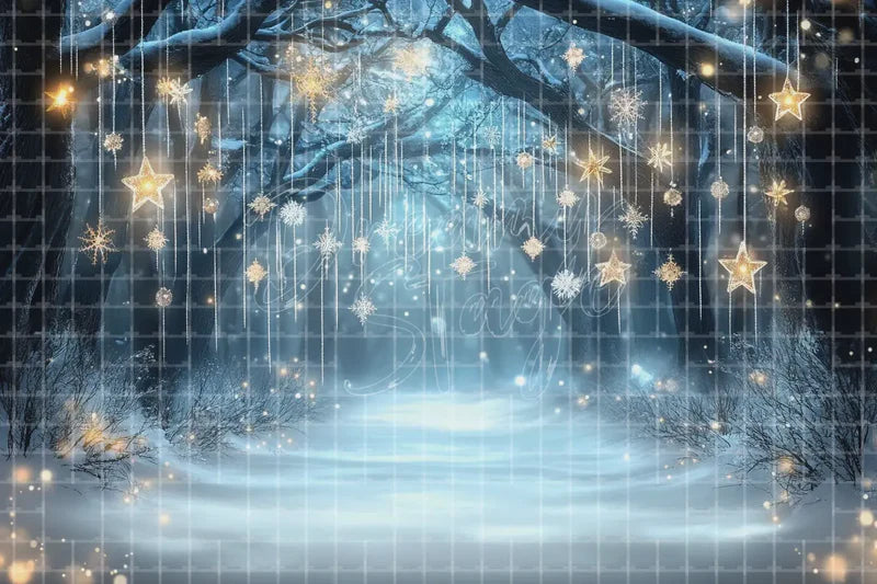 Winter Fairy Light Forest Arch digital decor backdrop, high-resolution snowy event background for winter events, Christmas photo booths, snowy shop windows, holiday displays, projection, LED screens, digital screens, local printing, and seasonal decor, including instant download artwork for backdrop, background, photo booth, shop window, projection, LED screen, and local printing use.
