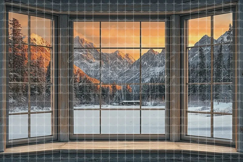 Winter Mountain Window View digital decor backdrop, high-resolution snowy room background for winter events, Christmas photo booths, snowy shop windows, holiday displays, projection, LED screens, digital screens, local printing, and seasonal decor, including instant download artwork for backdrop, background, photo booth, shop window, projection, LED screen, and local printing use.