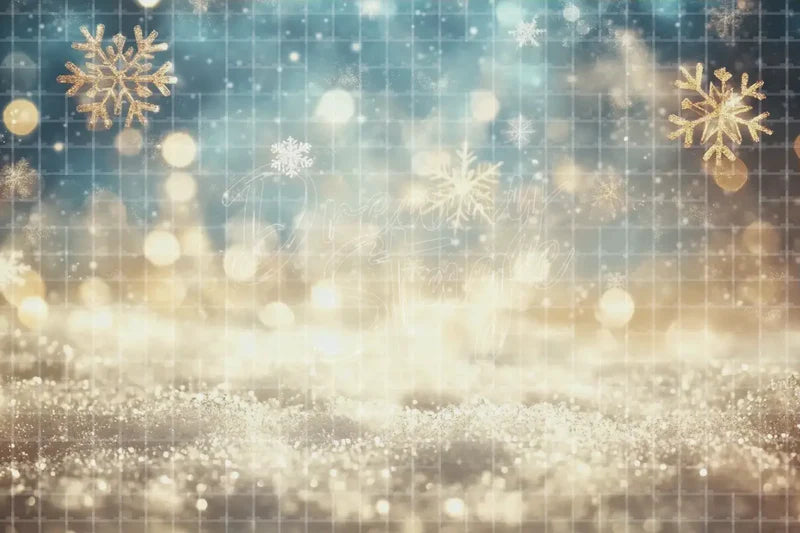 Blue Gold Snowflake Bokeh digital decor backdrop, high-resolution winter holiday background for winter events, Christmas photo booths, snowy shop windows, holiday displays, projection, LED screens, digital screens, local printing, and seasonal decor, including instant download artwork for backdrop, background, photo booth, shop window, projection, LED screen, and local printing use.