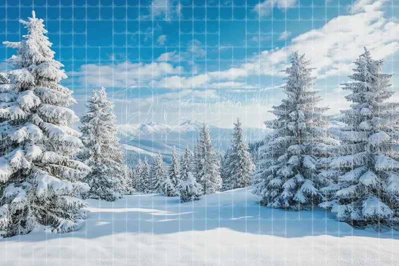 Sunny Snowy Pine Mountain digital decor backdrop, high-resolution winter forest background for winter events, Christmas photo booths, snowy shop windows, holiday displays, projection, LED screens, digital screens, local printing, and seasonal decor, including instant download artwork for backdrop, background, photo booth, shop window, projection, LED screen, and local printing use.