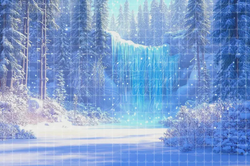 Icy Blue Waterfall Winter digital decor backdrop, high-resolution frozen forest background for fall events, autumn photo booths, pumpkin patch displays, Thanksgiving decor, shop windows, projection, LED screens, digital screens, local printing, and seasonal decor, including instant download artwork for backdrop, background, photo booth, shop window, projection, LED screen, and local printing use.