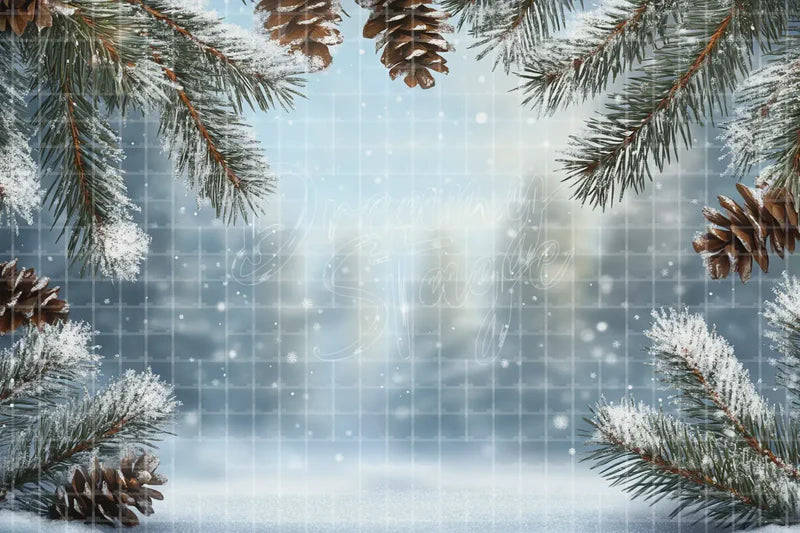 Snowy Pine Branch Frame digital decor backdrop, high-resolution winter nature background for winter events, Christmas photo booths, snowy shop windows, holiday displays, projection, LED screens, digital screens, local printing, and seasonal decor, including instant download artwork for backdrop, background, photo booth, shop window, projection, LED screen, and local printing use.