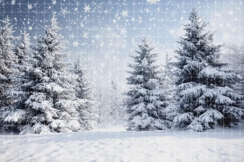 White Snowy Pine Forest digital decor backdrop, high-resolution winter snow background for winter events, Christmas photo booths, snowy shop windows, holiday displays, projection, LED screens, digital screens, local printing, and seasonal decor, including instant download artwork for backdrop, background, photo booth, shop window, projection, LED screen, and local printing use.