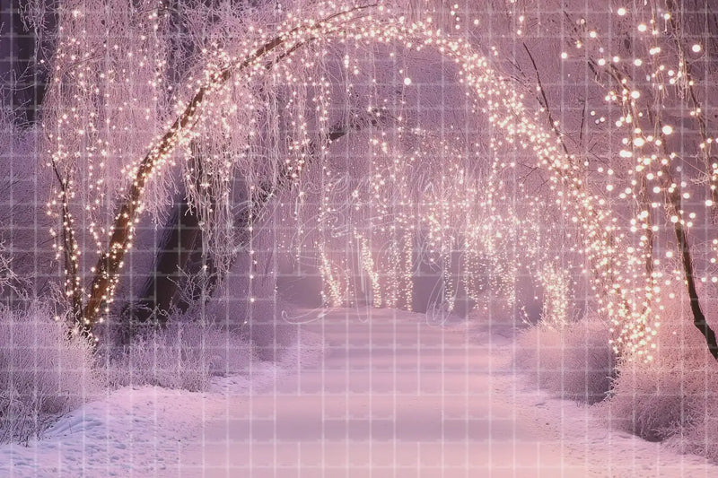 Pink Winter Light Tunnel digital decor backdrop, high-resolution snowy holiday background for winter events, Christmas photo booths, snowy shop windows, holiday displays, projection, LED screens, digital screens, local printing, and seasonal decor, including instant download artwork for backdrop, background, photo booth, shop window, projection, LED screen, and local printing use.