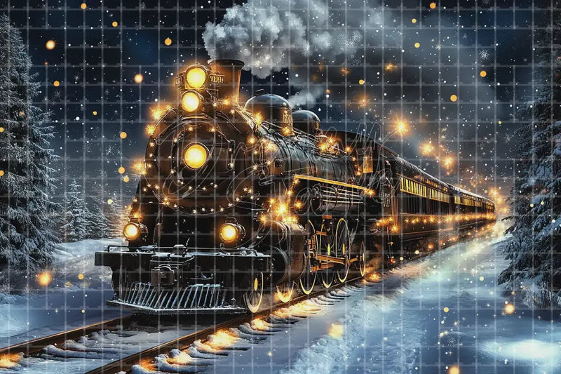 Christmas Train Snowy Night digital decor backdrop, high-resolution holiday railroad background for winter events, Christmas photo booths, snowy shop windows, holiday displays, projection, LED screens, digital screens, local printing, and seasonal decor, including instant download artwork for backdrop, background, photo booth, shop window, projection, LED screen, and local printing use.