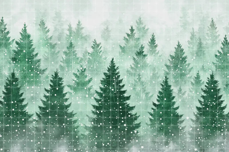 Green Watercolor Pine Forest digital decor backdrop, high-resolution winter woodland background for winter events, Christmas photo booths, snowy shop windows, holiday displays, projection, LED screens, digital screens, local printing, and seasonal decor, including instant download artwork for backdrop, background, photo booth, shop window, projection, LED screen, and local printing use.