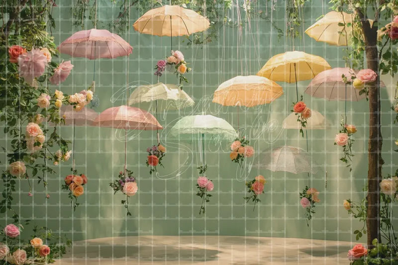 Hanging umbrella spring garden deco backdrop background with floating parasols, flowers, and soft greenery, ideal for baby showers, bridal showers, tea parties, spring party photo booths, shop window displays, and event decor.