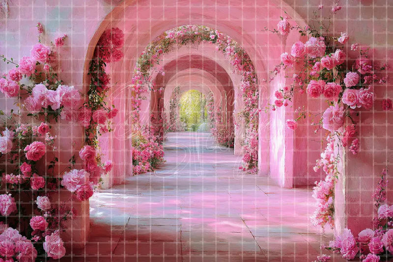Pink floral archway deco backdrop background with blush flower walls and romantic entrance styling, ideal for spring weddings, bridal showers, princess parties, event entrances, boutique displays, and photo booths.