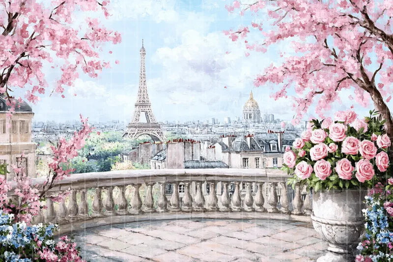 Paris cherry blossom balcony deco backdrop background with Eiffel Tower view, pink flowers, and terrace scenery for spring photo booths, bridal showers, Paris theme parties, travel events, and retail displays.