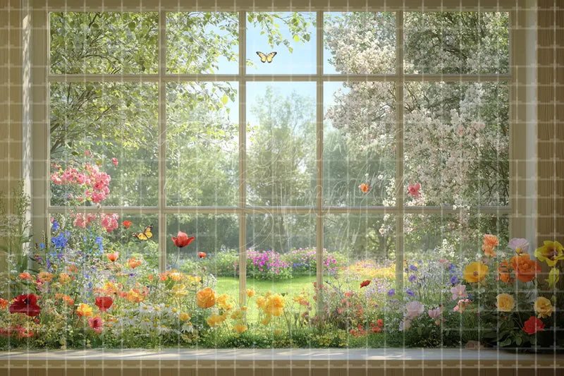 Spring garden window view deco backdrop background with blooming flowers and soft sunlight, suitable for tea parties, floral event displays, home studio decor, retail shop windows, and photo booth backgrounds.