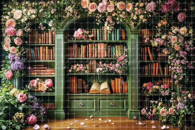 Floral library bookshelf deco backdrop background with bookshelves, climbing flowers, and cozy garden-room styling for bookstore displays, literary parties, spring events, cafe decor, and photo booths.