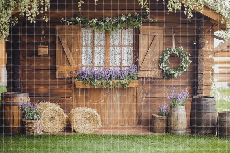 Rustic barn flower window deco backdrop background with wood wall, hay bales, baskets, and spring flowers for farmhouse parties, country weddings, farmers market booths, retail displays, and photo booths.