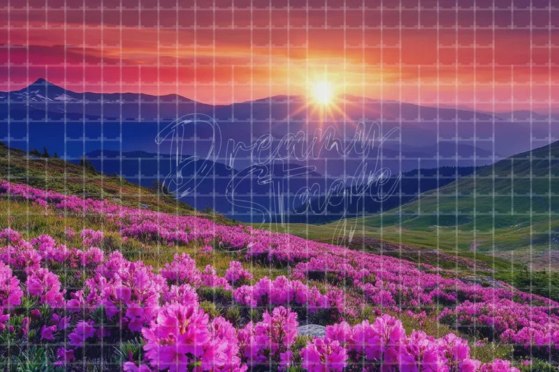 Purple mountain sunset wildflower deco backdrop background with lavender hills and glowing scenic horizon for spring event displays, lavender parties, boutique windows, and photo booth backgrounds.