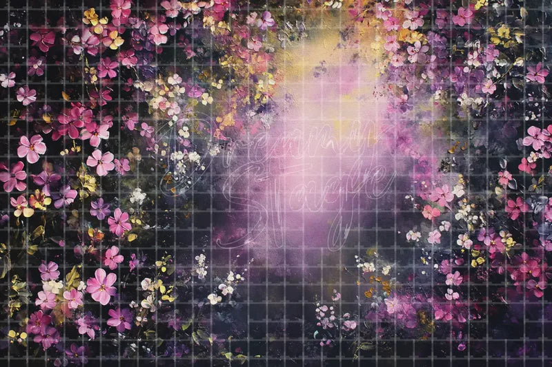 Purple floral light beam deco backdrop background with glowing flowers, soft mist, and dreamy garden lighting for spring fantasy parties, boutique displays, elegant photo booths, and event decor.