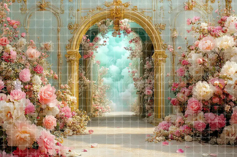 Blush flower garden arch deco backdrop background with roses and romantic doorway scenery for spring weddings, bridal showers, Mother’s Day displays, floral parties, and photo booths.