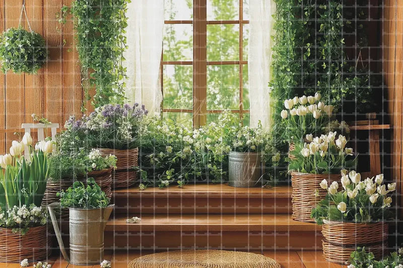 Indoor plant room spring deco backdrop background with potted flowers, sunny windows, wooden steps, and greenery for garden shop displays, plant parties, cafe decor, and lifestyle photo booths.
