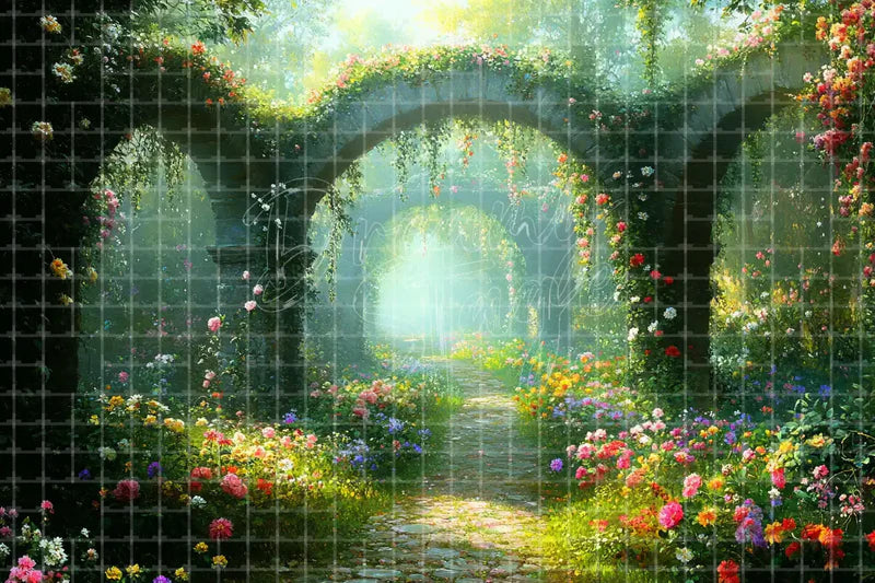 Secret garden floral tunnel deco backdrop background with enchanted greenery, flower borders, and a glowing path for spring event entrances, fairytale parties, garden weddings, and photo booths.