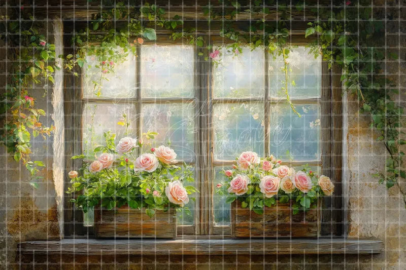 Rustic window flower box deco backdrop background with blooming planters and cottage wood texture for spring parties, farmhouse displays, garden photo booths, and craft fair booth decor.