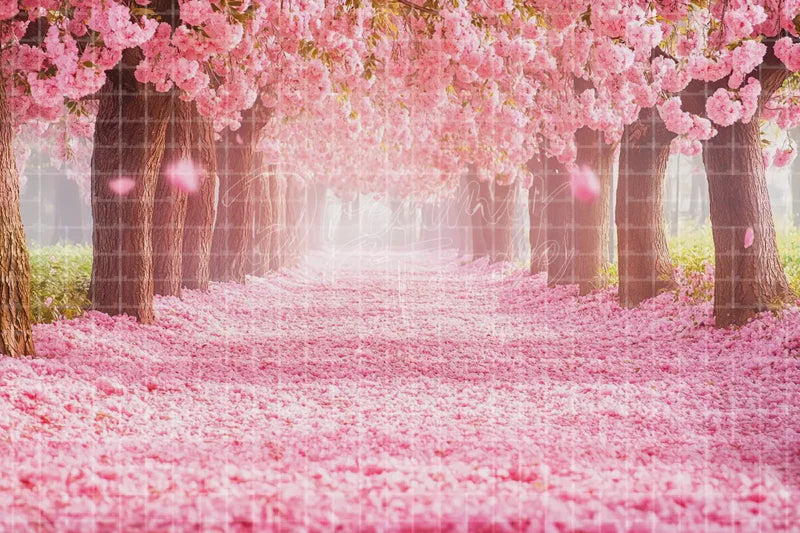 Cherry blossom path deco backdrop background with pink petals and flowering trees for spring festivals, pink garden parties, bridal showers, boutique windows, and romantic photo booths.