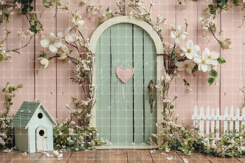 Pastel garden door deco backdrop background with mint door, white blossoms, and cottagecore fence details for baby showers, spring parties, boutique displays, and floral photo booths.