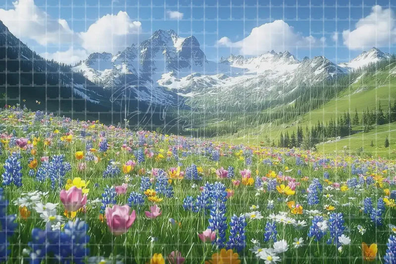 Alpine wildflower meadow deco backdrop background with snow-capped mountains, green valley, and colorful flowers for spring scenic parties, travel-themed events, outdoor displays, and photo booths.