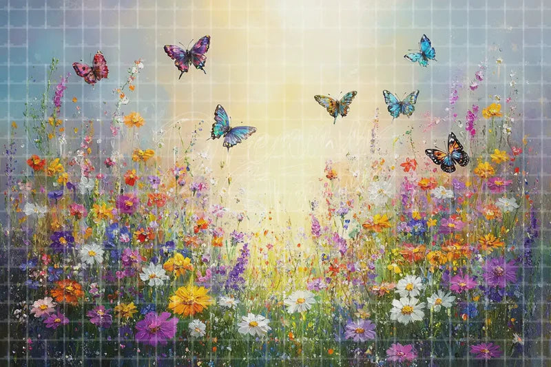 Butterfly wildflower field deco backdrop background with colorful flowers and flying butterflies for spring parties, garden events, children’s photo booths, floral store displays, and event decoration.